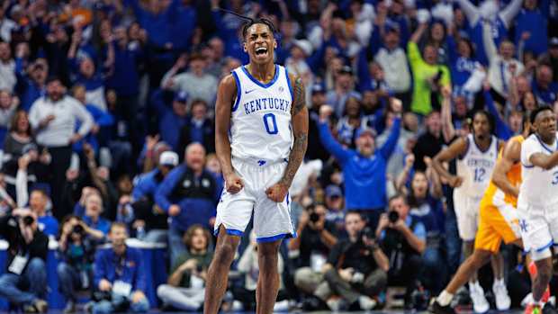 Feb 3, 2024; Lexington, Kentucky, USA; Kentucky Wildcats guard Rob Dillingham (0) celebrates a basket during the first half against the Tennessee Volunteers at Rupp Arena at Central Bank Center. Mandatory Credit: Jordan Prather-USA TODAY Sports